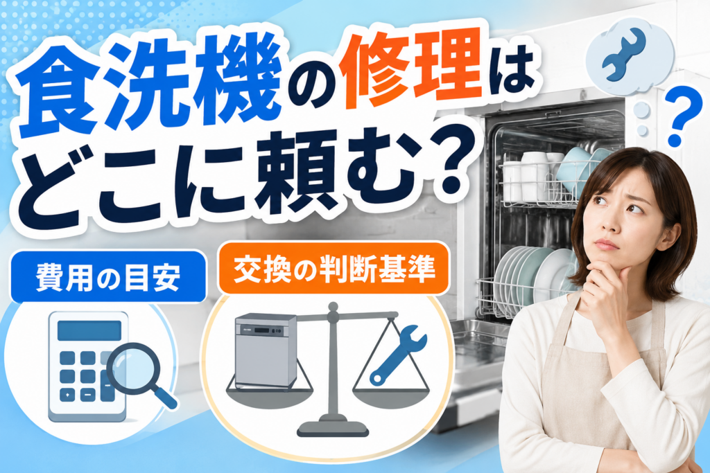 食洗機の修理をどこに頼むか、修理と交換の判断に悩んでいる女性のイメージ