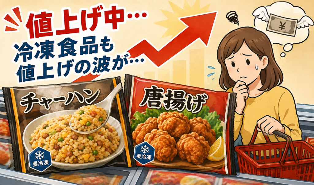 冷凍食品のチャーハンや唐揚げが値上げしている様子を表したイメージイラスト