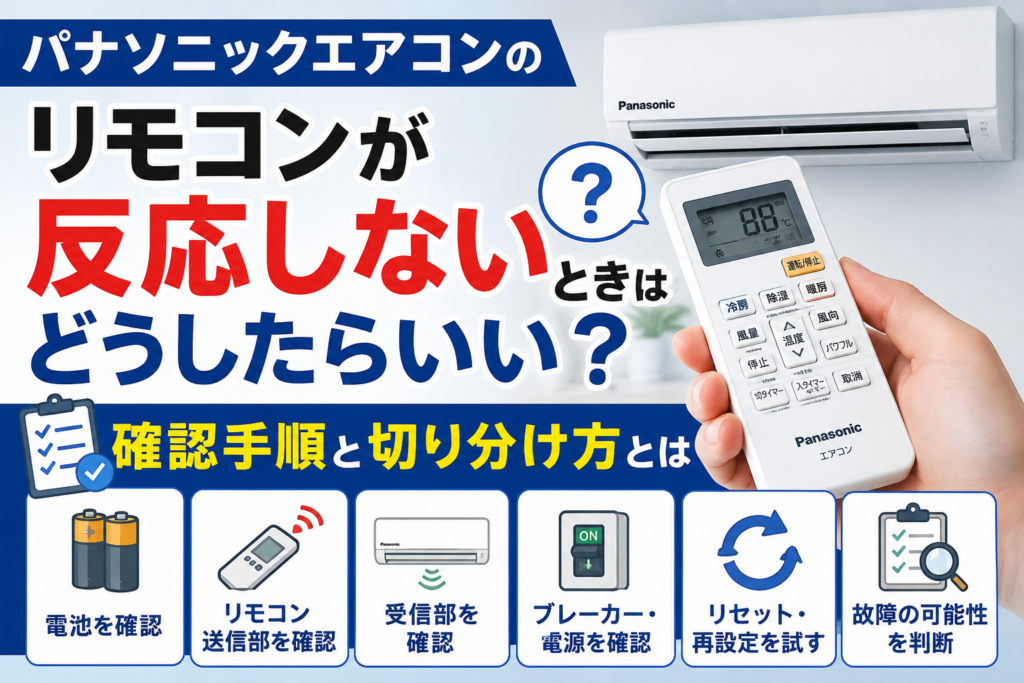 パナソニックエアコンのリモコンが反応しないときの確認手順と、故障箇所の切り分け方を解説するサムネイル画像