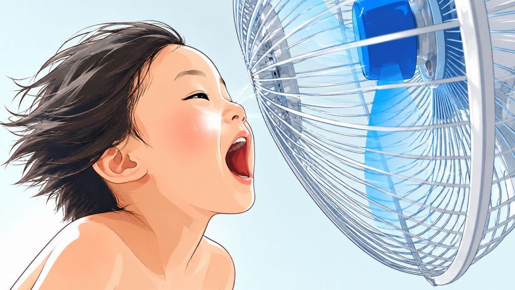扇風機の風を顔に受けて涼む子どものイラスト