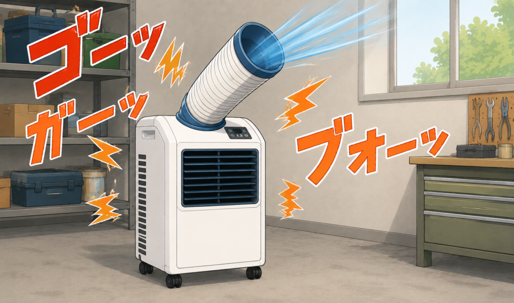 運転中のスポットクーラーから大きな運転音が発生している様子のイラスト