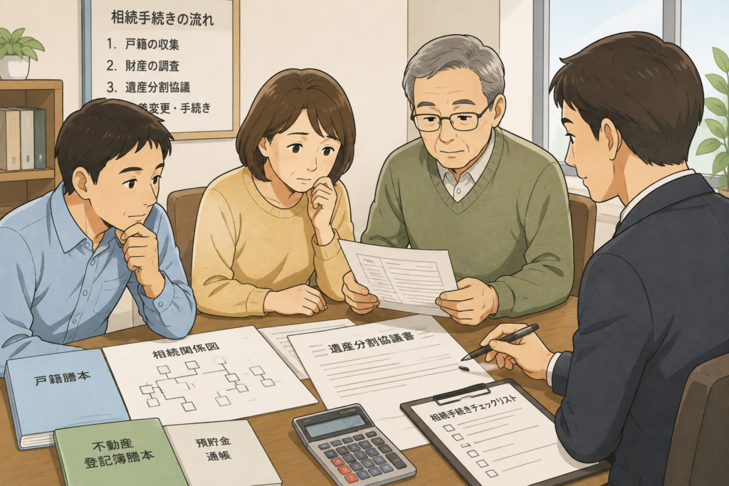 相続手続きに必要な書類を確認しながら、家族と専門家が遺産分割について話し合っている様子のイラスト