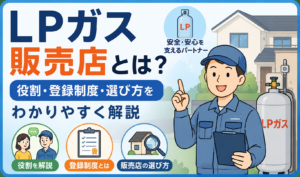 LPガス販売店の役割・登録制度・選び方を、販売店スタッフとLPガス容器のイラストで解説したサムネイル画像