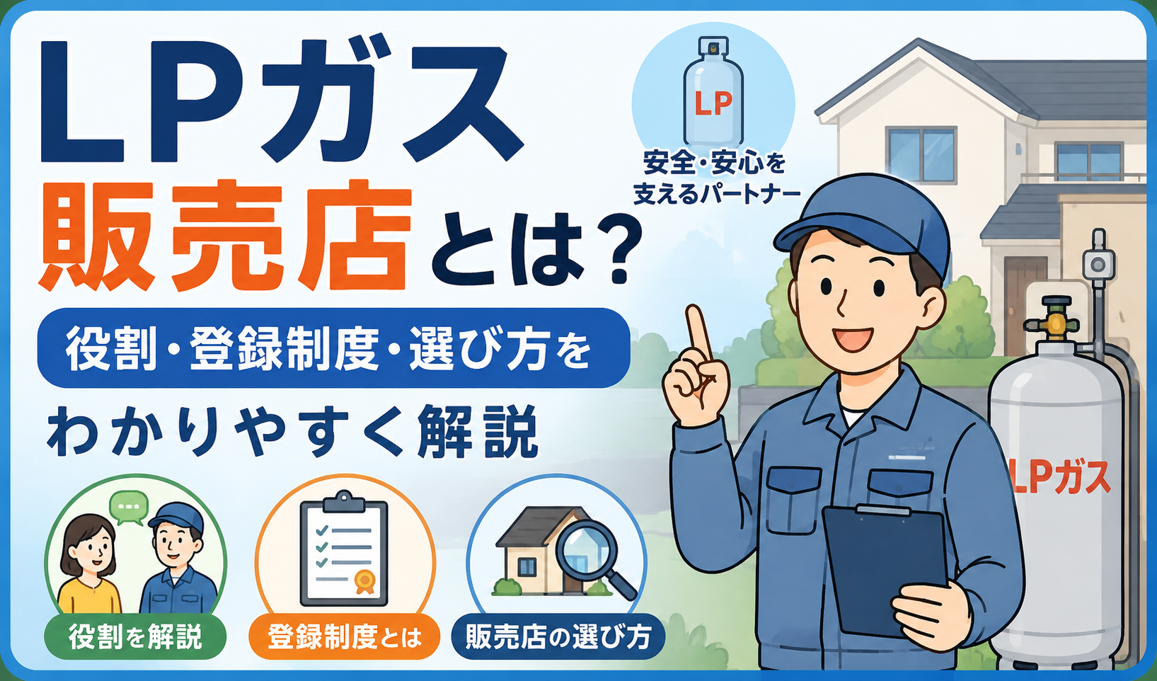 LPガス販売店の役割・登録制度・選び方を、販売店スタッフとLPガス容器のイラストで解説したサムネイル画像