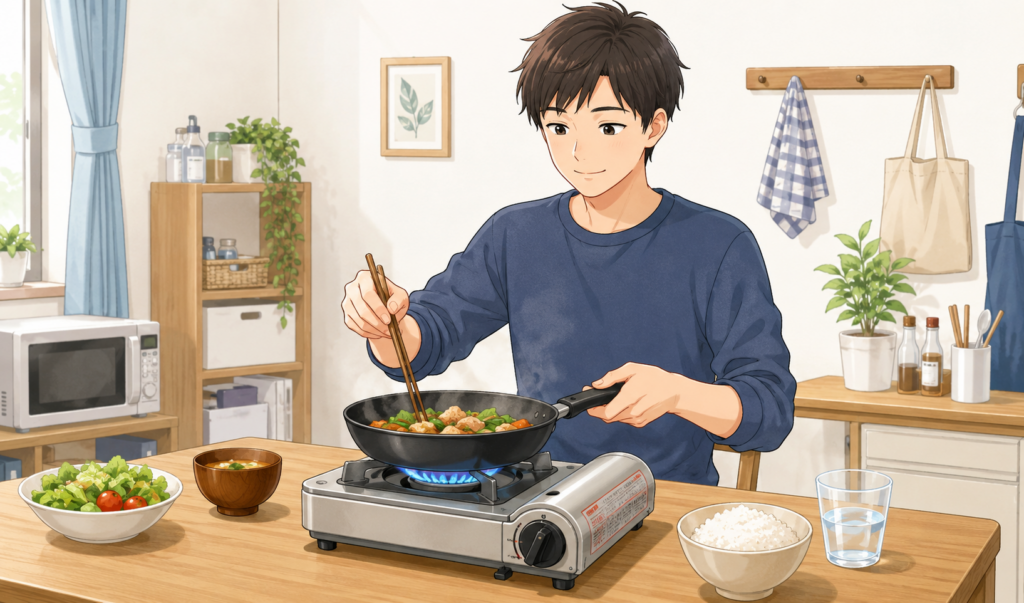 カセットコンロを使って自宅で炒め物を調理し、自炊している男性のイラスト