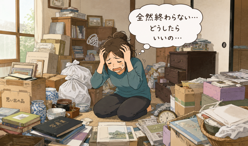 実家の片付けが終わらず、物があふれた部屋で頭を抱えて絶望している女性のイラスト