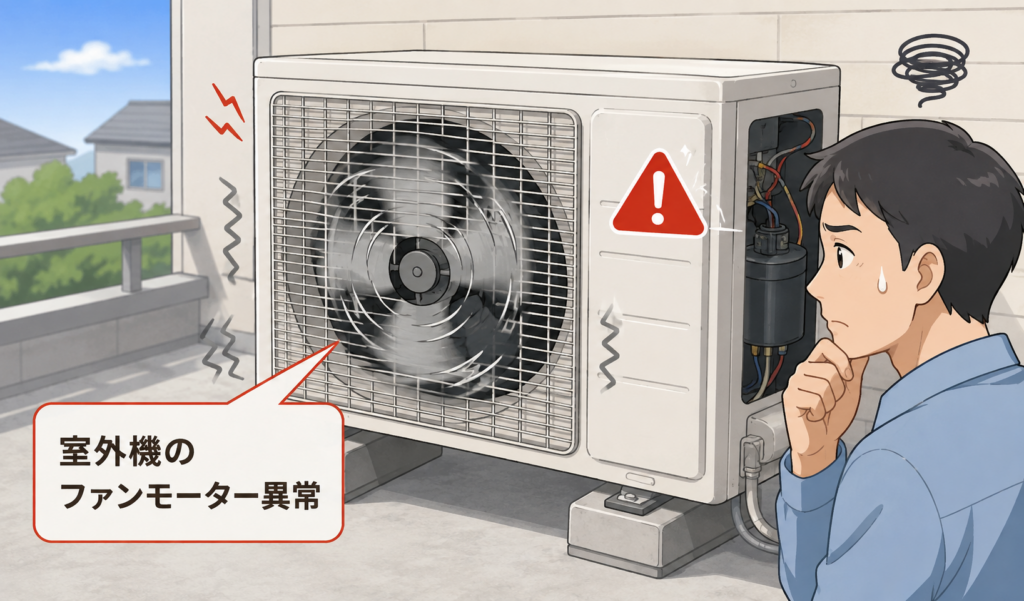 室外機のファンモーターに異常が起き、エアコンの室外機を見ながら困っている男性のイラスト