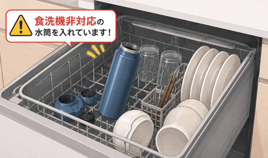 蓋とキャップを外した食洗機非対応の水筒を食洗機に入れている様子のイラスト