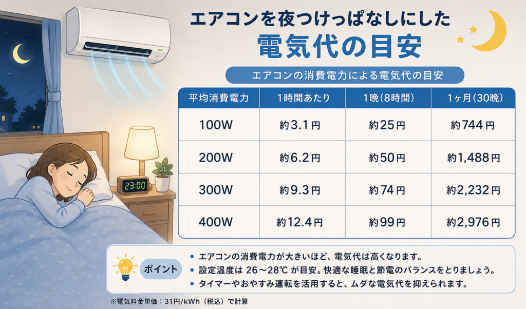 夜にエアコンをつけっぱなしにした場合の消費電力別の電気代目安を示したイラスト
