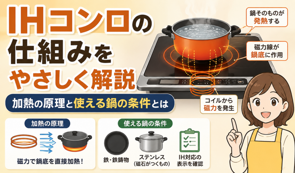 IHコンロの加熱の仕組みと使える鍋の条件をイラストでわかりやすく解説したサムネイル画像