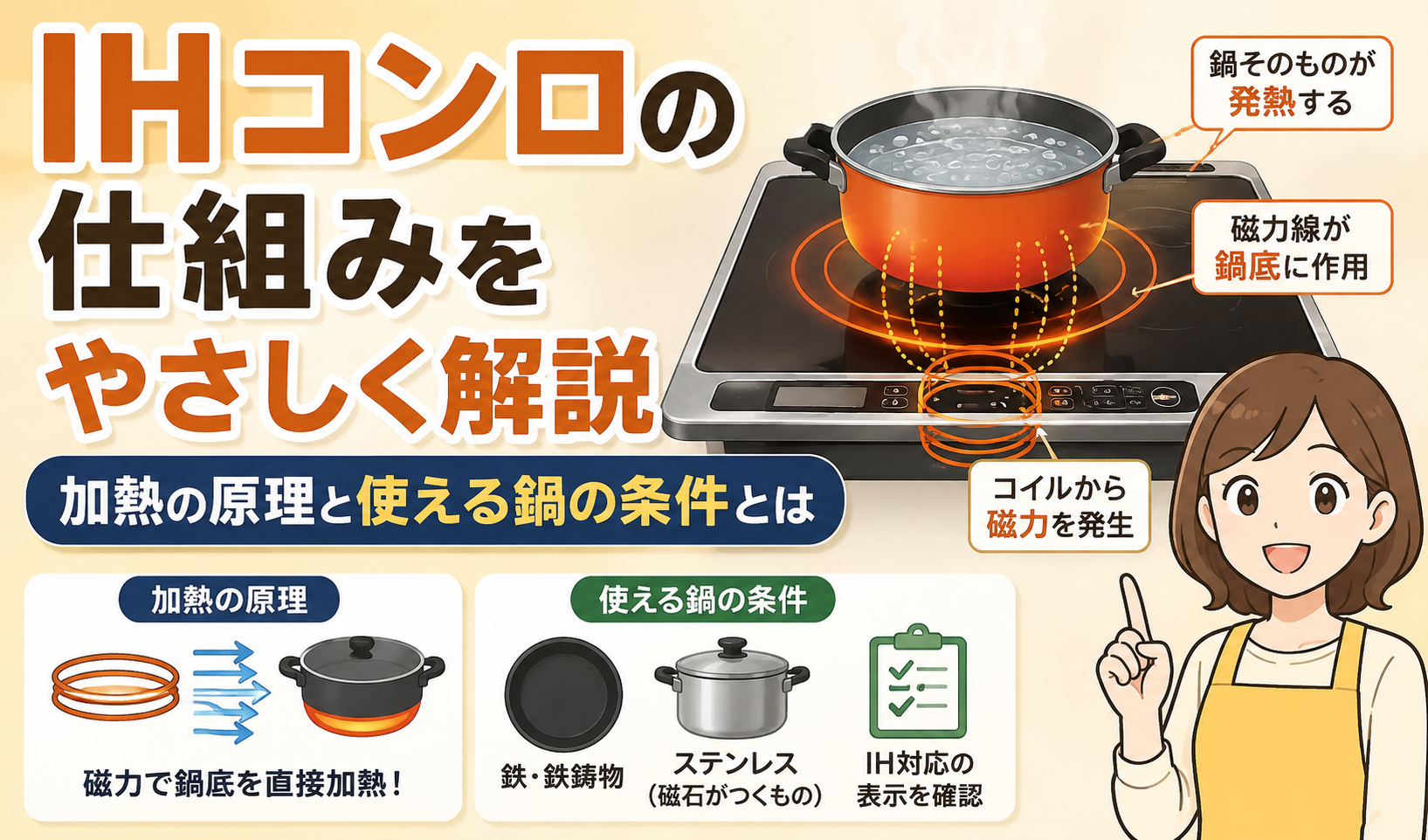 IHコンロの加熱の仕組みと使える鍋の条件をイラストでわかりやすく解説したサムネイル画像