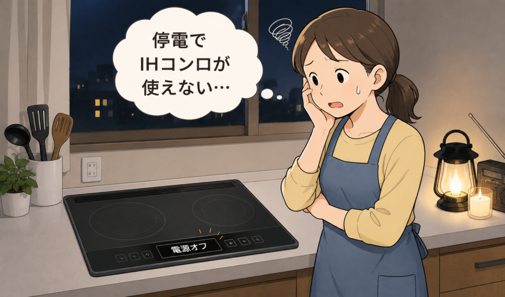停電でIHコンロが使えず、暗いキッチンで困っている女性のイラスト