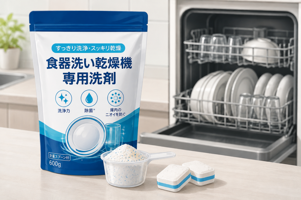 食洗機のそばに置かれた食器洗い乾燥機専用洗剤と計量スプーンのイメージイラスト