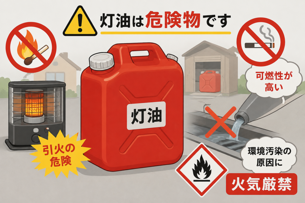 灯油が危険物であり、引火や火気に注意が必要なことを示したイメージイラスト