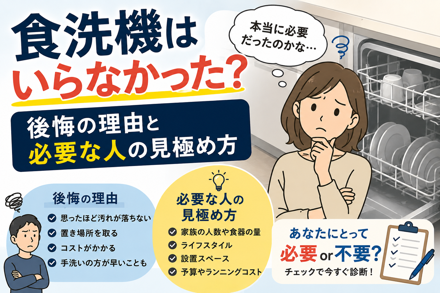 食洗機を購入したものの本当に必要だったのか悩み、後悔の理由や必要性を考えている人物のイラスト