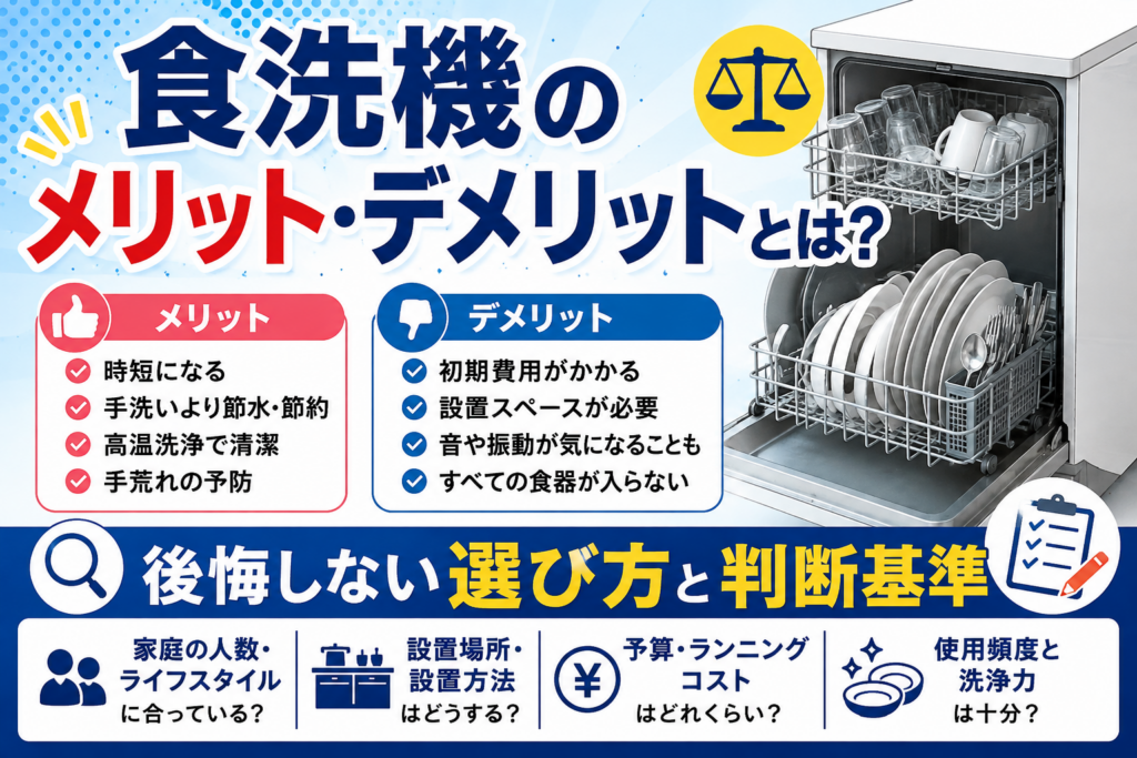 食洗機のメリット・デメリットと後悔しない選び方の判断基準をまとめたイラスト