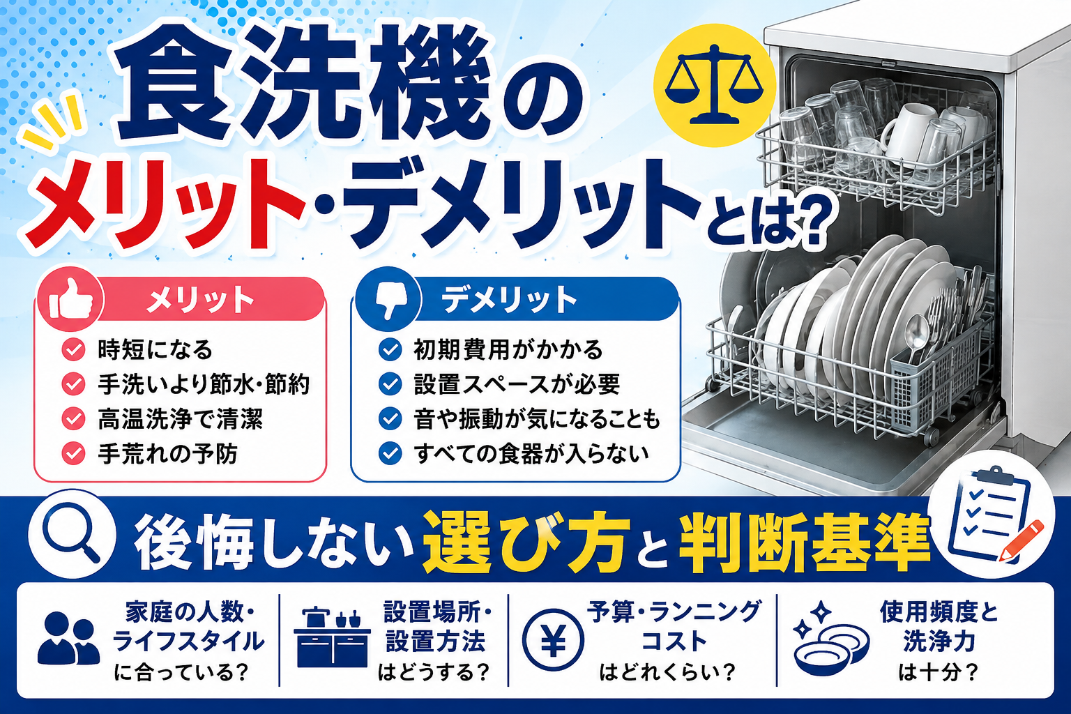 食洗機のメリット・デメリットと後悔しない選び方の判断基準をまとめたイラスト
