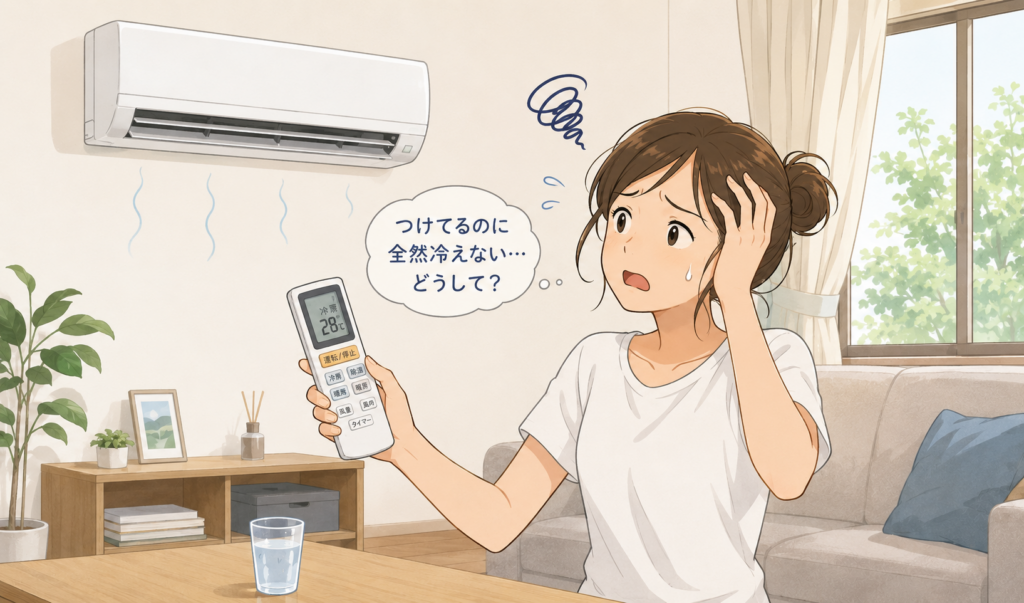エアコンをつけても部屋が冷えず、リモコンを手に困っている女性のイメージイラスト