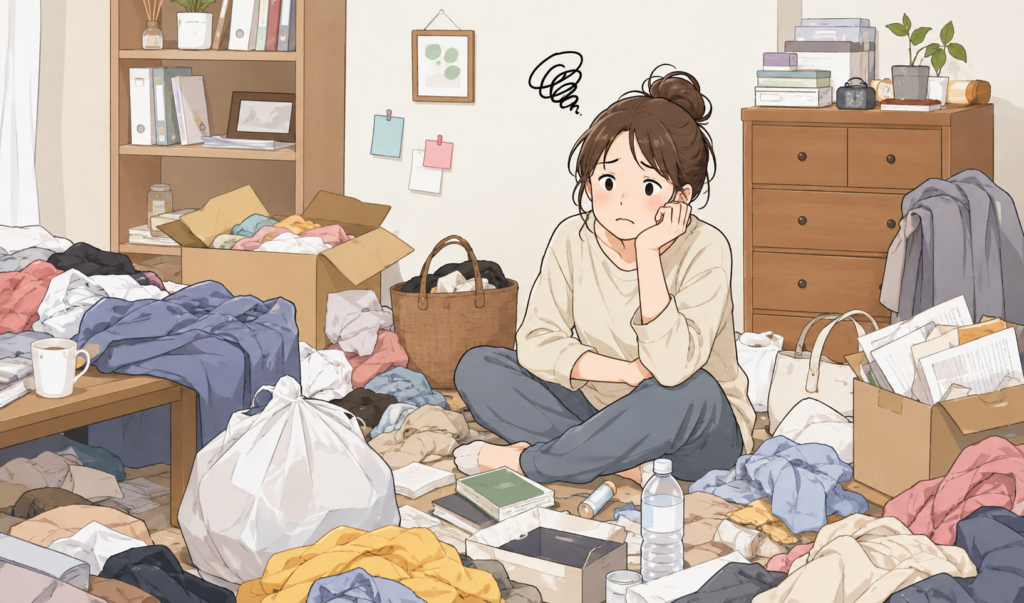 散らかった部屋で片付けができず困っている女性のイメージイラスト