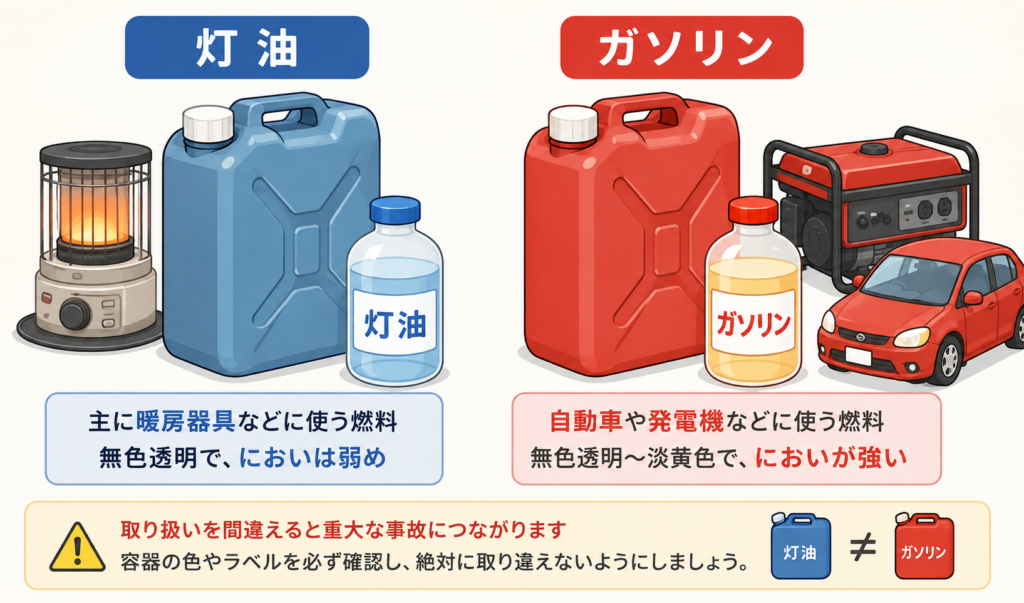 灯油とガソリンの容器や主な用途の違いを比較したイメージイラスト