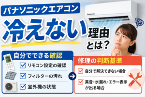 パナソニックエアコンが冷えない原因と、自分でできる確認方法・修理の判断基準を解説するサムネイル画像