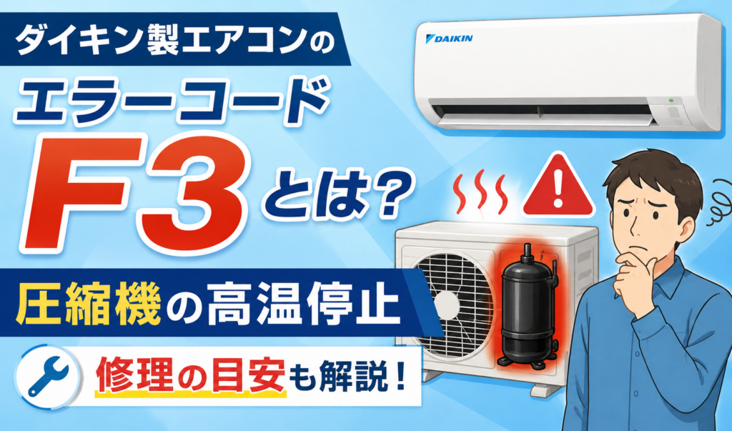 ダイキン製エアコンのエラーコードF3と、圧縮機の高温停止や修理の目安を解説するイラスト