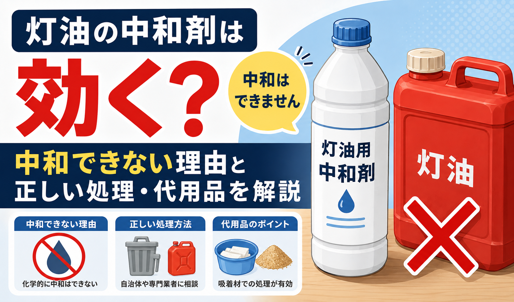 灯油用中和剤と灯油タンクを並べ、中和できない理由と正しい処理・代用品を解説するサムネイル画像
