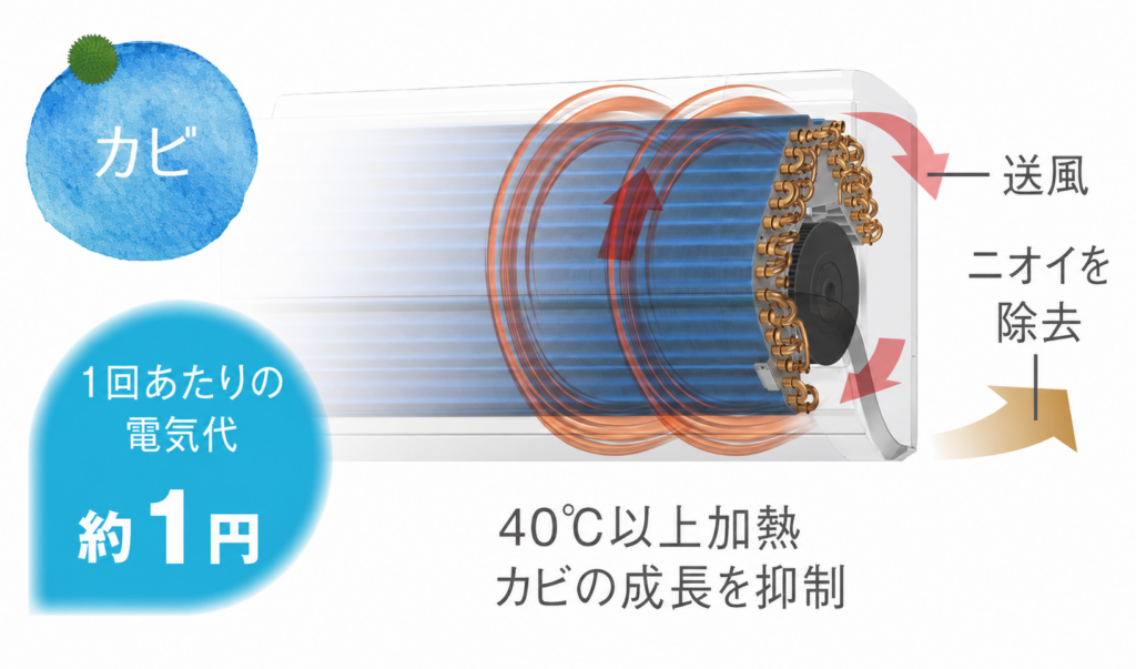 エアコン内部を40℃以上に加熱してカビの成長を抑制し、送風でニオイを除去する内部クリーンの仕組みを示したイラスト