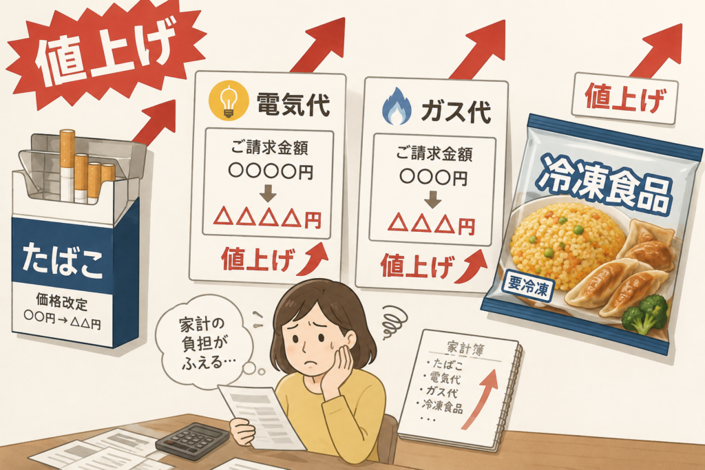 たばこ・電気代・ガス代・冷凍食品の値上げで家計負担が増えている様子を描いたイメージイラスト