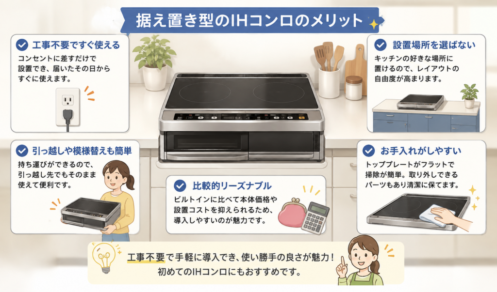 据え置き型IHコンロの工事不要・持ち運びやすさ・掃除のしやすさなどのメリットを紹介するイラスト