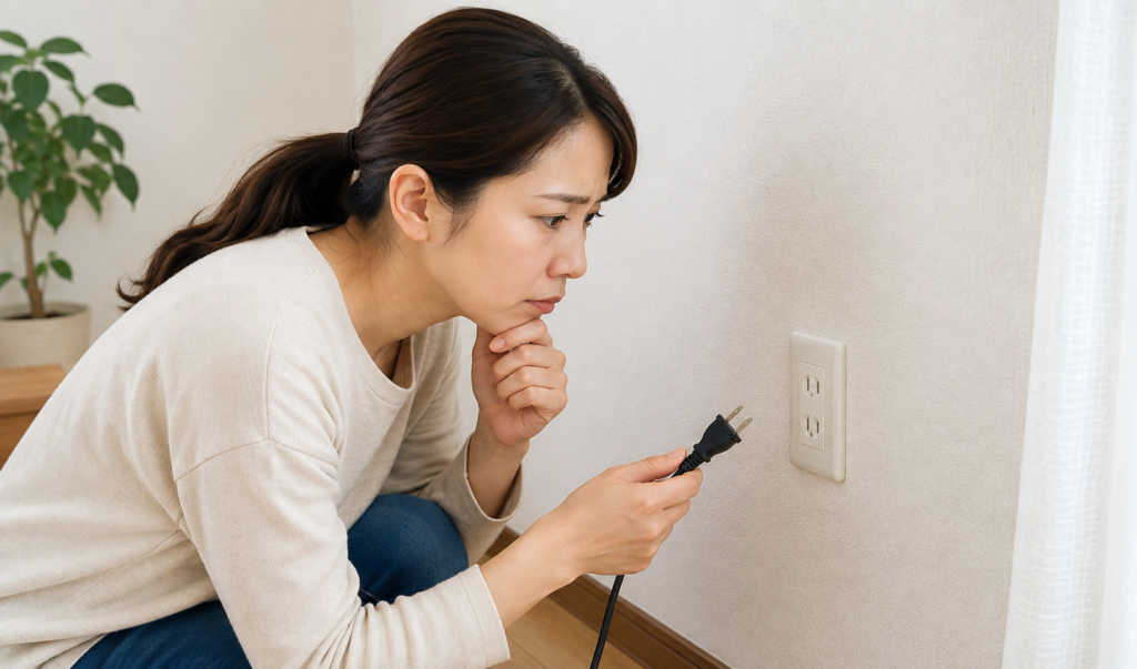 使えなくなったコンセントの差込口とプラグを確認している女性のイメージ