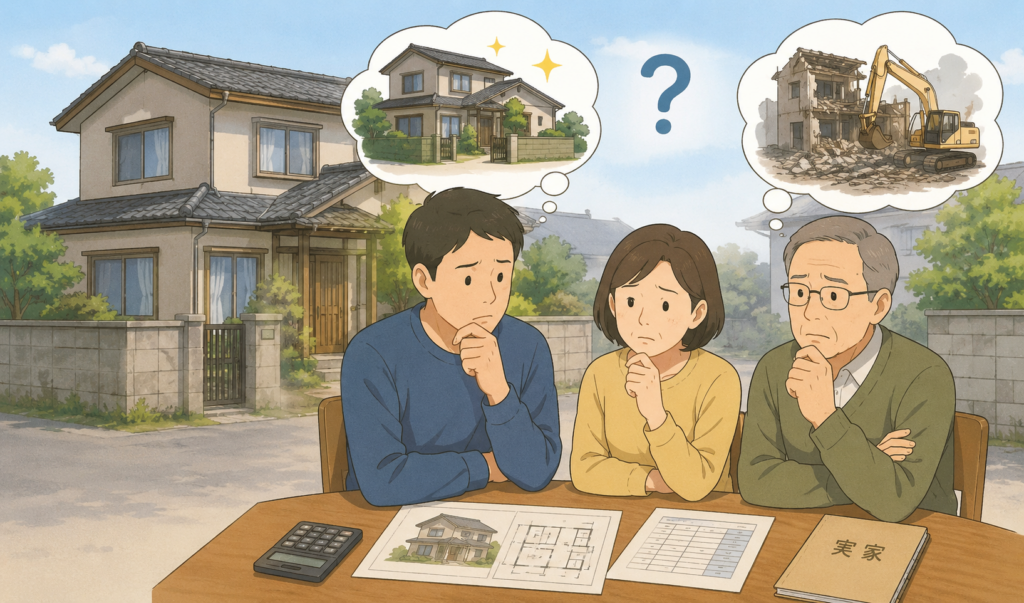 実家じまいについて、実家の写真や資料を見ながら親と相談している家族のイラスト