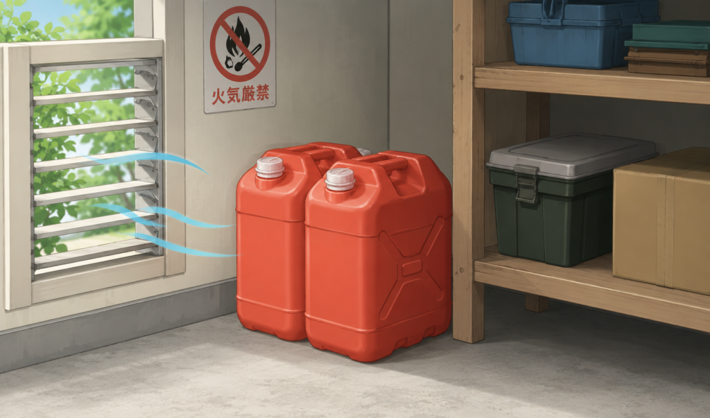 直射日光を避け、風通しがよく火気のない冷暗所に保管されている灯油ポリタンクのイラスト