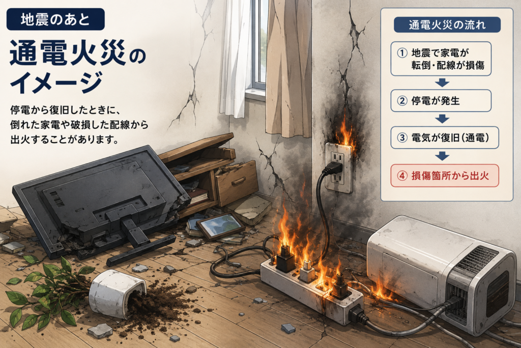 地震後の停電から電気が復旧した際、損傷した配線や電気機器から出火する通電火災のイメージイラスト