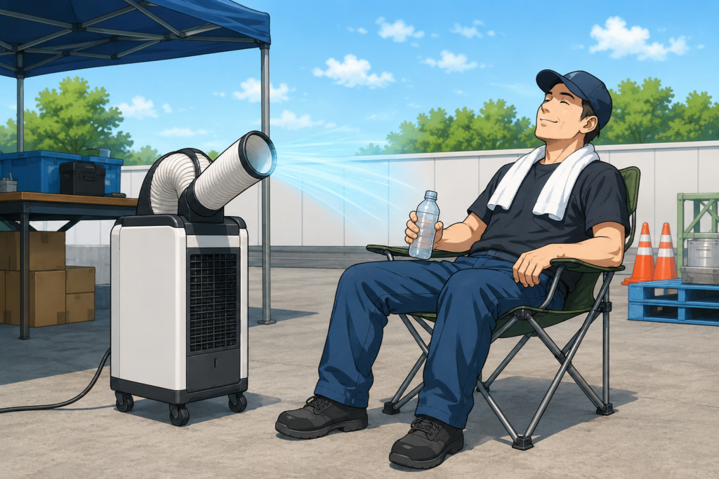 屋外の作業現場でスポットクーラーの冷風に当たりながら涼んでいる作業員のイラスト