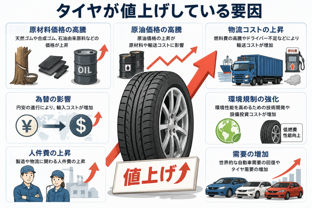 タイヤの原材料価格や原油価格、物流費、人件費などの上昇により、タイヤが値上げしている要因を示したイラスト