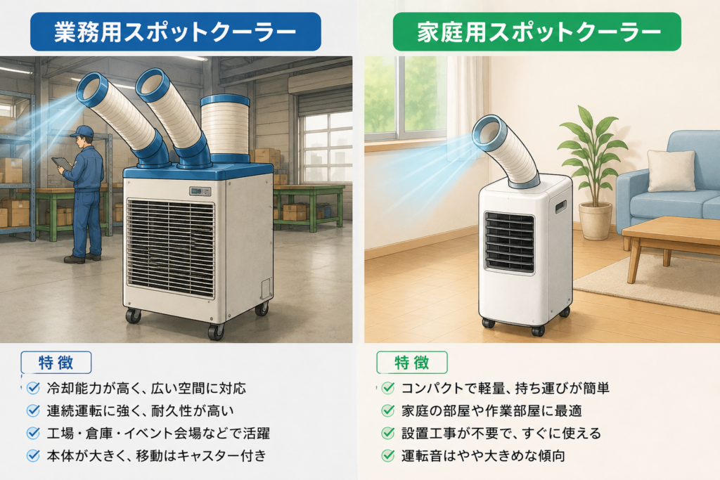 業務用の大型スポットクーラーと家庭用のコンパクトなスポットクーラーを並べて比較したイラスト