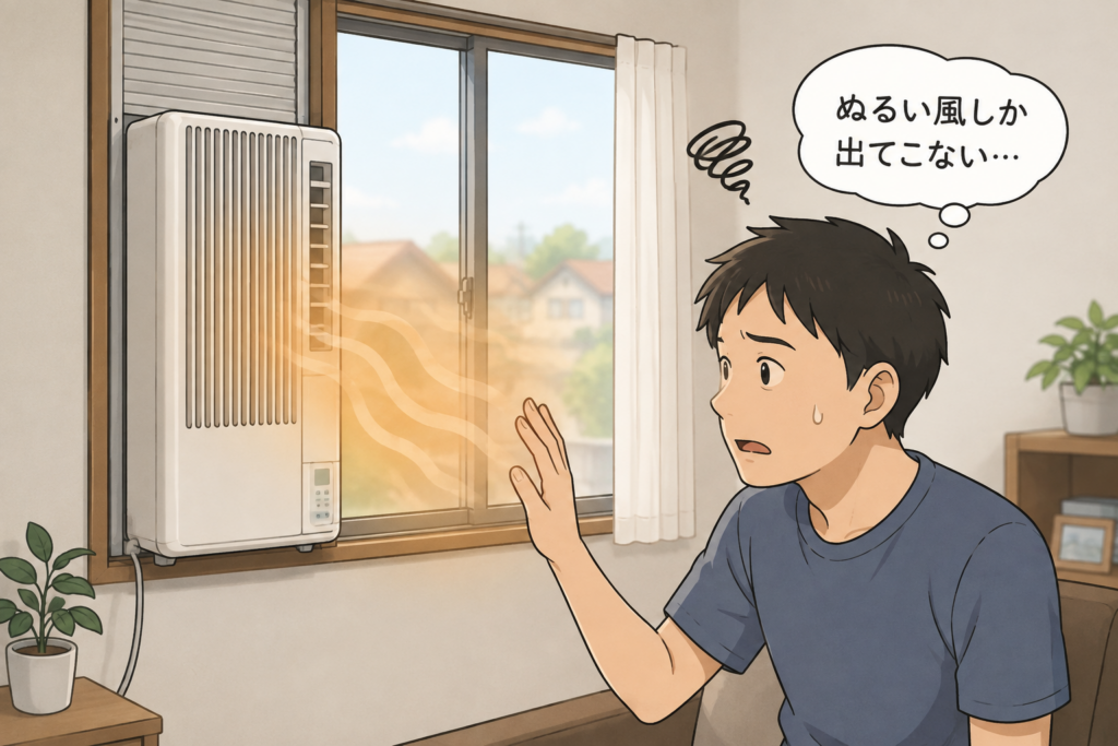 ウインドエアコンから出るぬるい風に手をかざし、困った表情をしている男性のイラスト