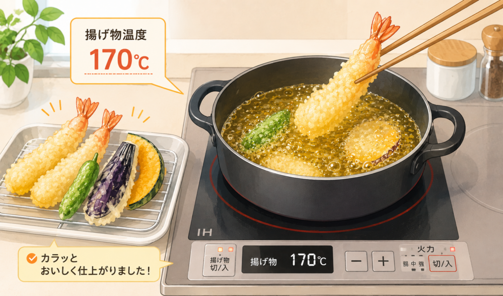 IHコンロを170℃に設定して天ぷらを揚げ、きれいに仕上がった揚げ物を取り出しているイラスト