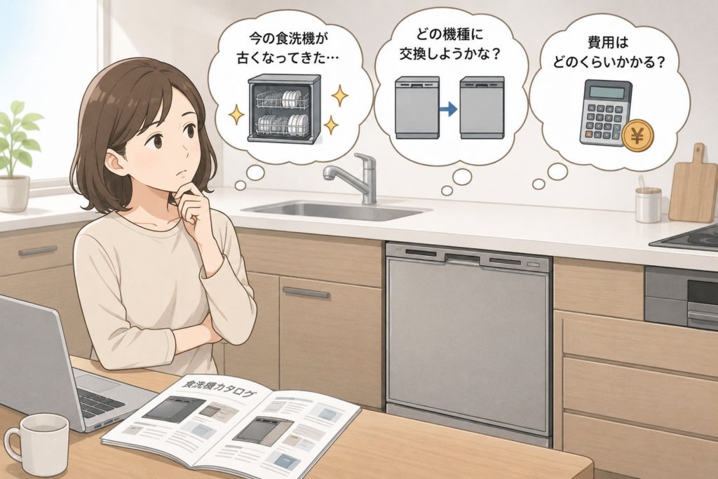 ビルトイン食洗機の交換を検討し、機種や費用について考えている女性のイラスト