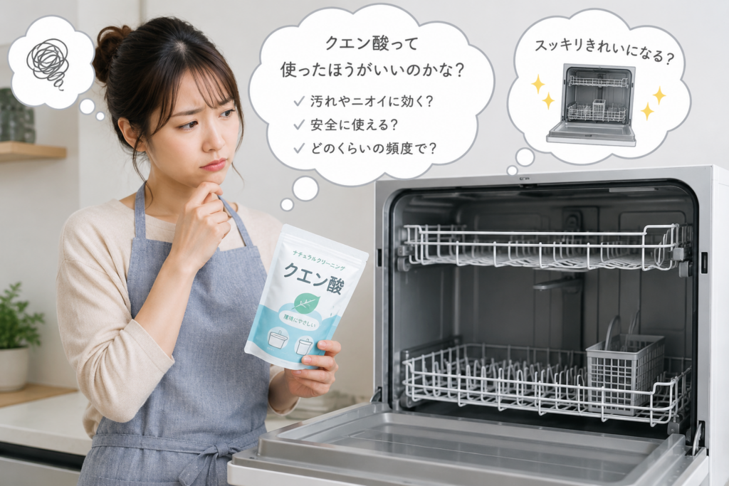 空の食洗機を前に、クエン酸を使って掃除するか悩んでいる女性のイメージ