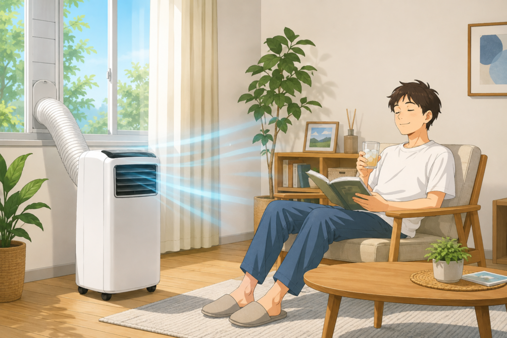 スポットクーラーの冷風に当たりながら、室内で読書をして快適に過ごしている男性のイラスト