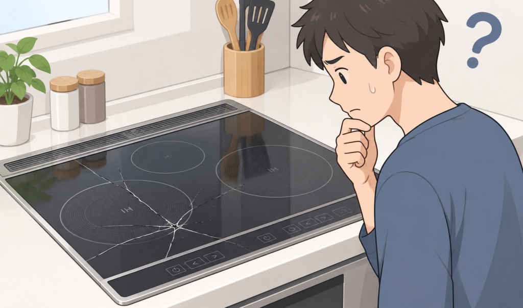 IHコンロのガラス面に入ったヒビを見ながら、まだ使えるか悩んでいる男性のイラスト