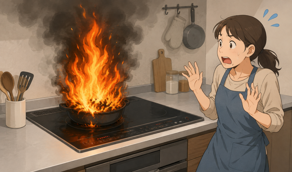 IHコンロで揚げ物中の鍋から炎と煙が上がり、火災に驚いている人物のイラスト