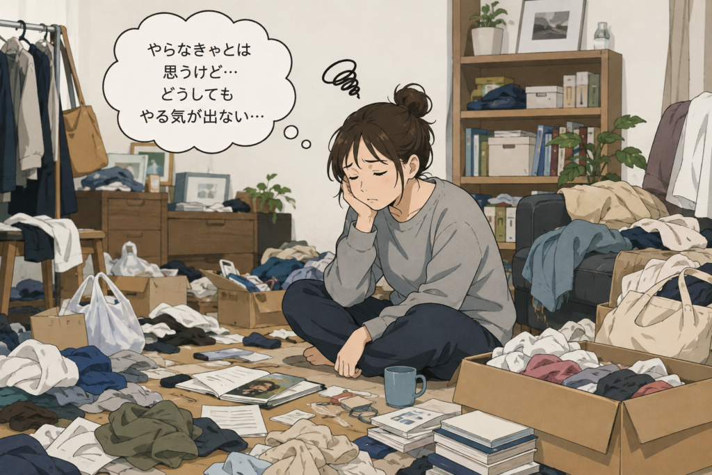 散らかった部屋の中で片付けのやる気が出ず、座り込んで困っている女性のイラスト