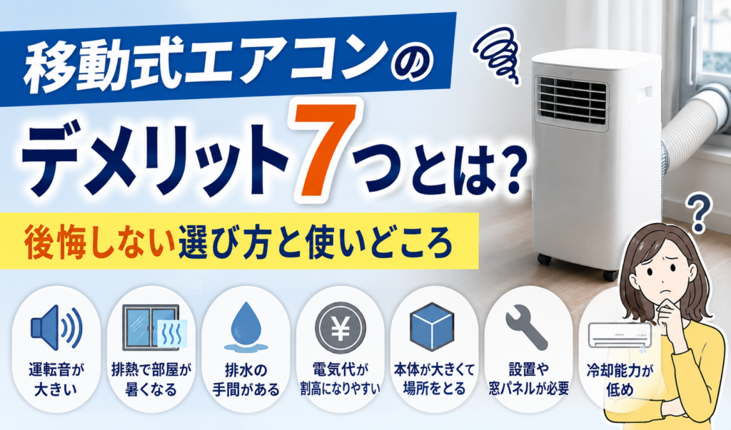 移動式エアコンの7つのデメリットと、後悔しない選び方・使いどころを紹介するイラスト