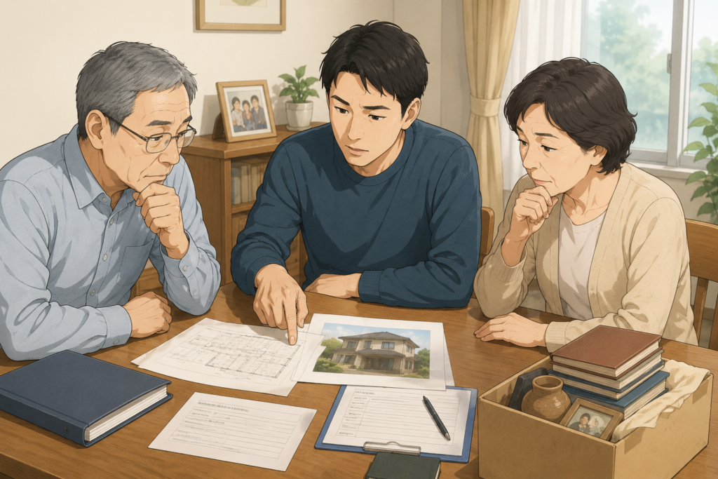 実家じまいについて、実家の写真や資料を見ながら親と相談している家族のイラスト