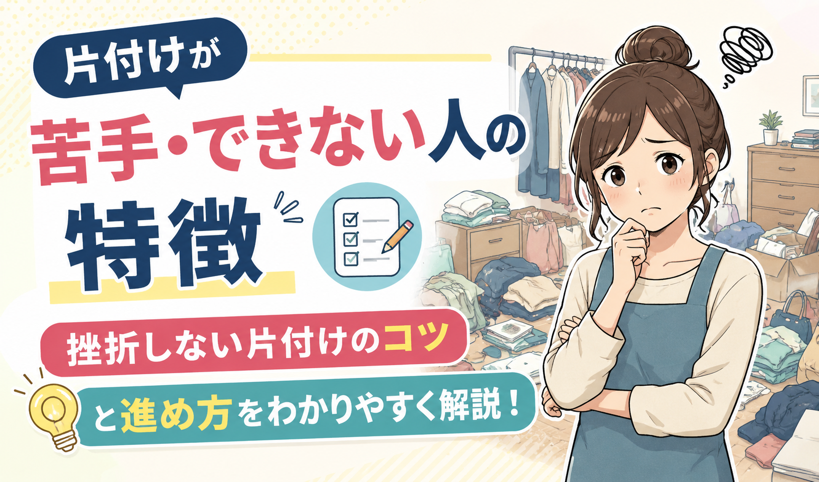 片付けが苦手で、散らかった部屋を前に悩んでいる女性のイラスト