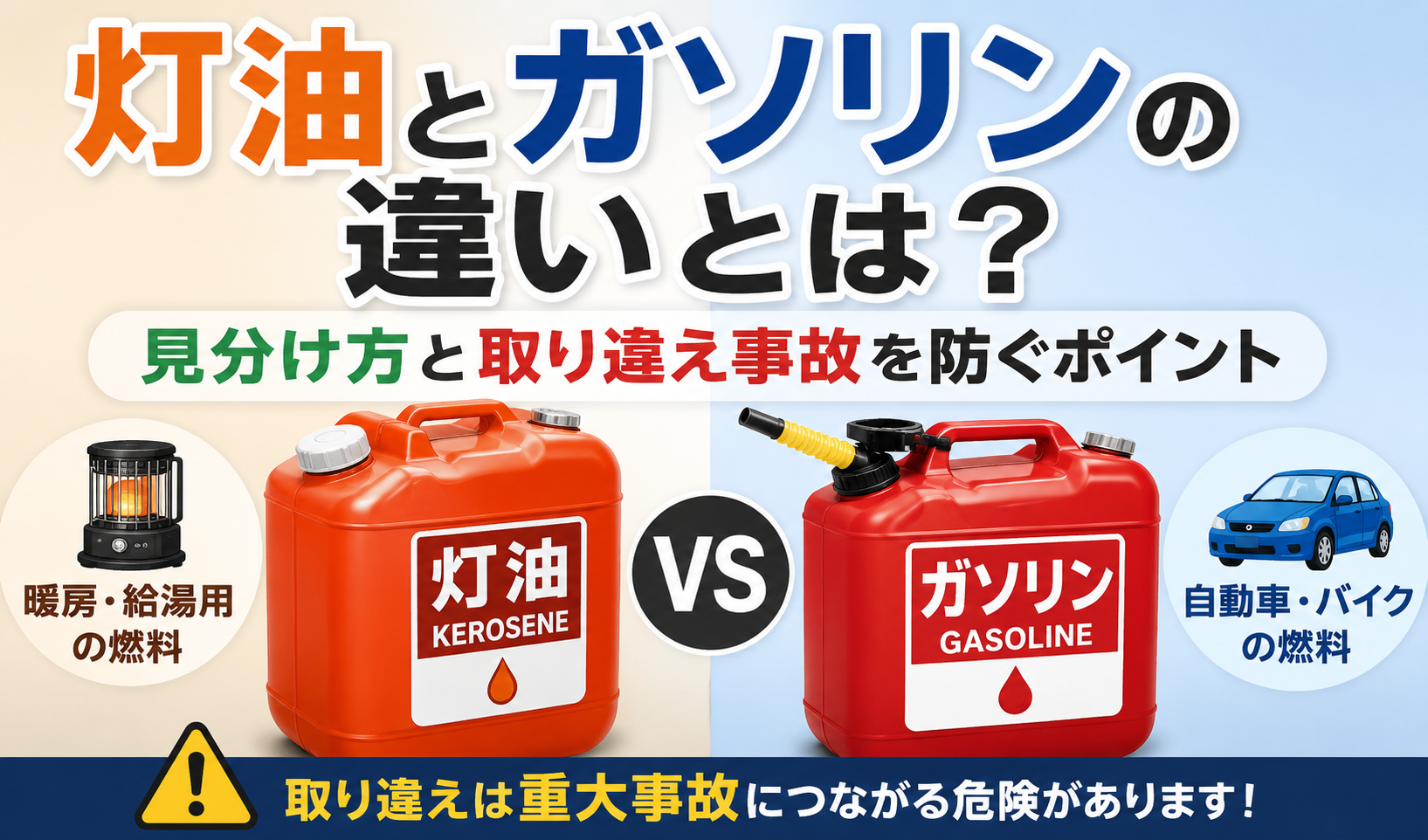 灯油とガソリンの違いや用途、取り違え事故の危険性を比較したイラスト