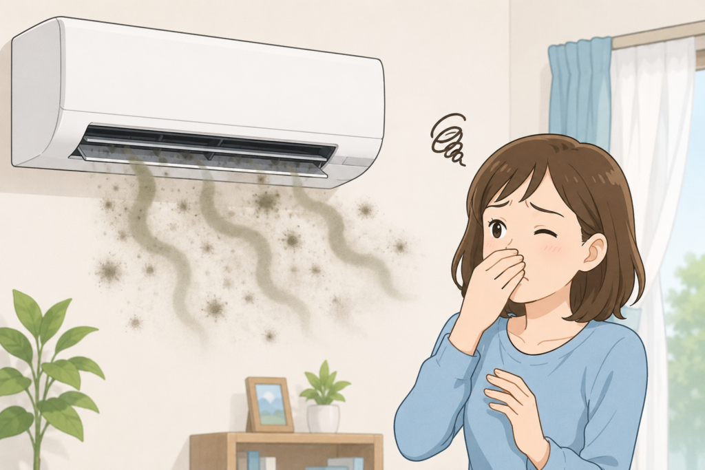エアコンからカビっぽい異臭が漂い、鼻を押さえて困っている女性のイメージイラスト